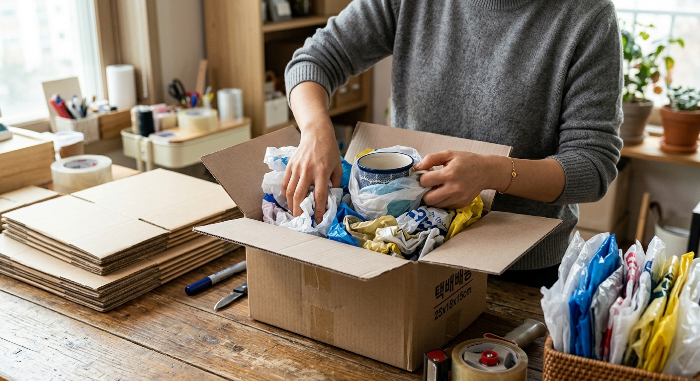 택배 상자 내부의 빈 공간을 비닐봉지 완충재로 메운 실용적인 포장 모습
