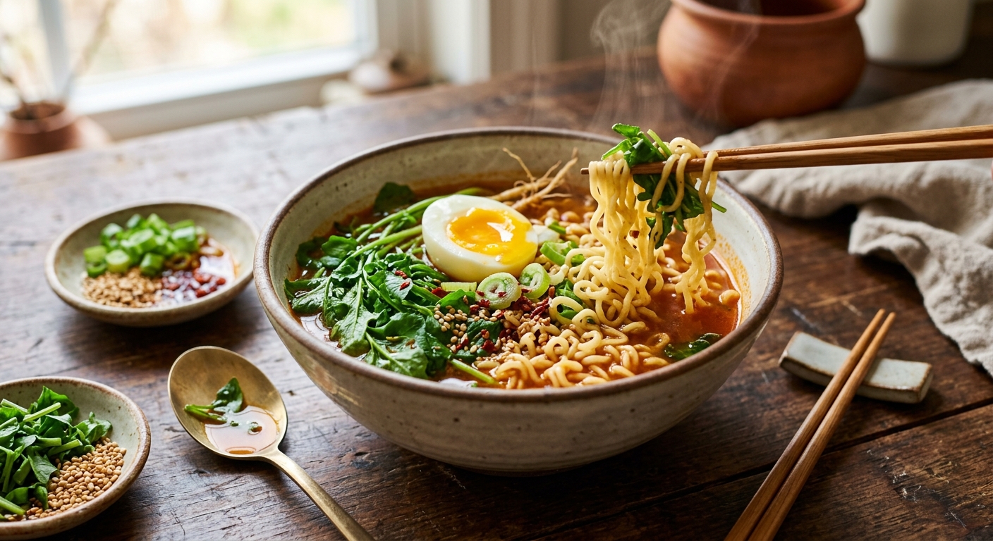 라면과 함께 조리할 신선한 냉이와 기본 재료