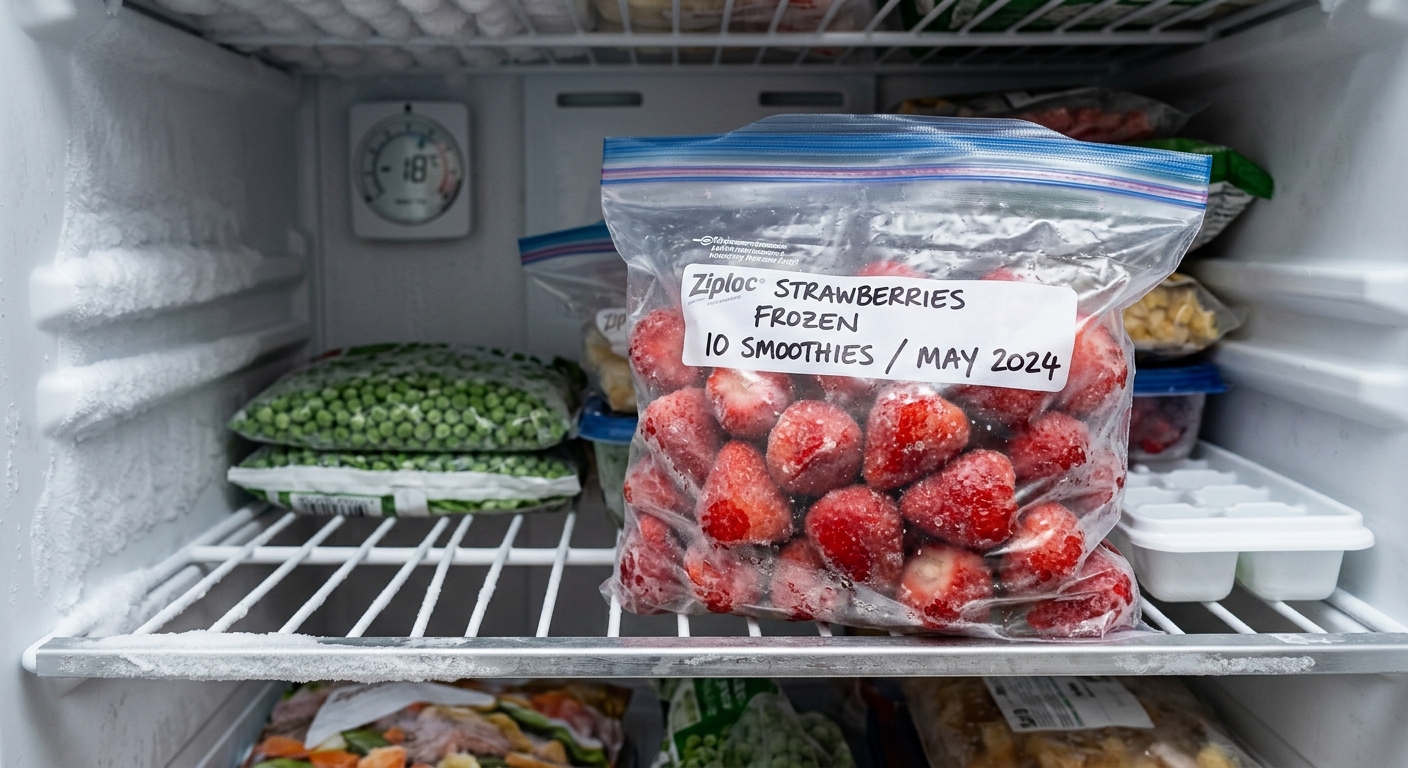 지퍼백 안에 담긴 딸기를 손으로 눌러 으깨는 장면의 클로즈업