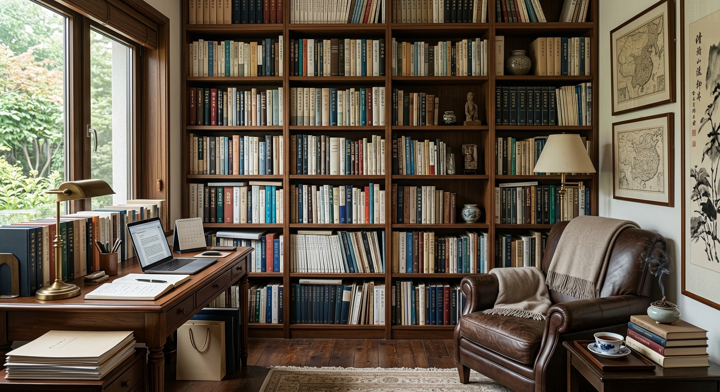 정리된 서가와 편안한 의자, 스피커가 놓인 아늑한 힐링 공간