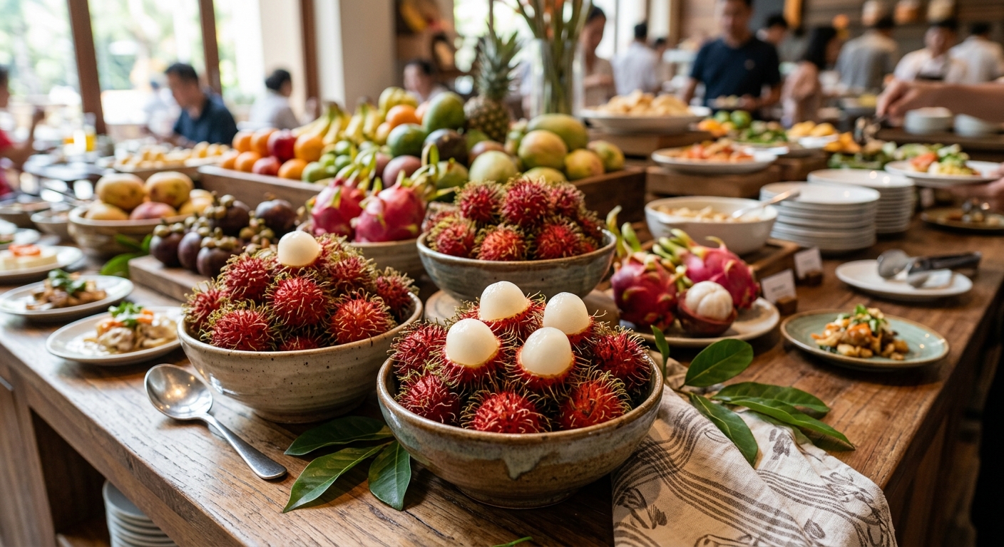그릇에 담긴 람부탄과 함께 가벼운 디저트 구성을 보여주는 장면