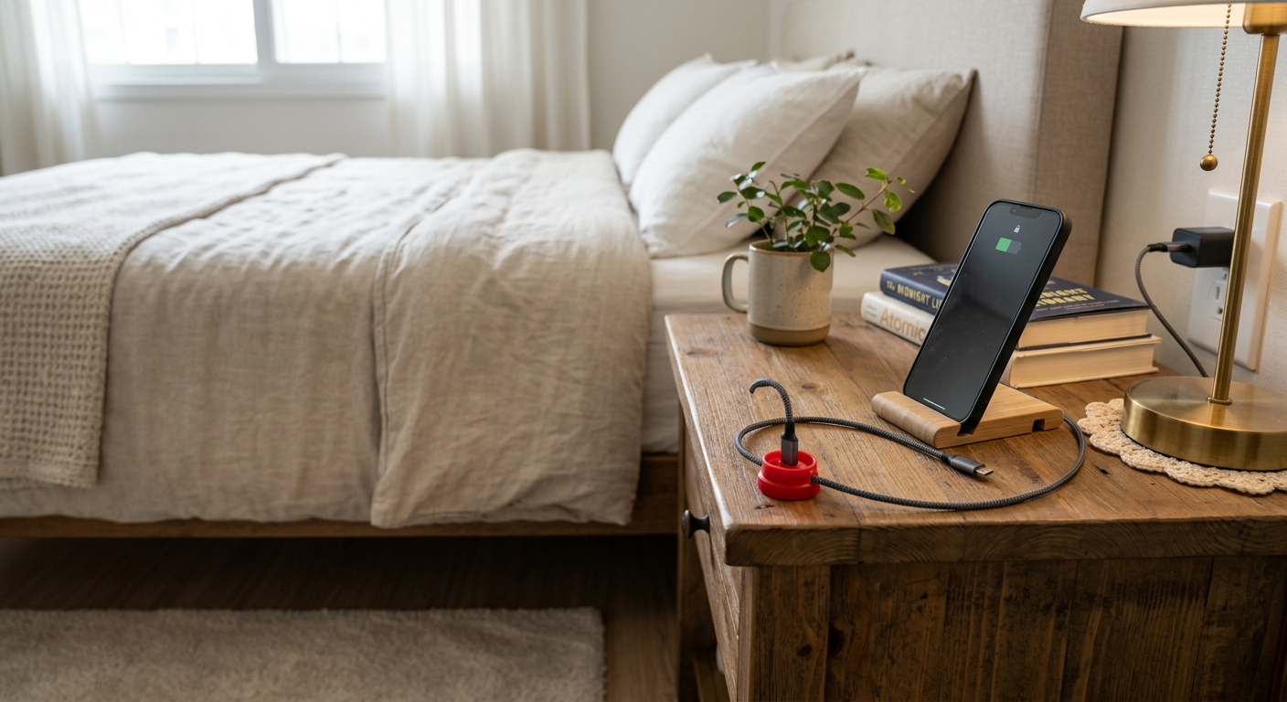 침대 옆 테이블 측면에 플라스틱 속마개를 붙여 충전기 케이블을 거치한 장면