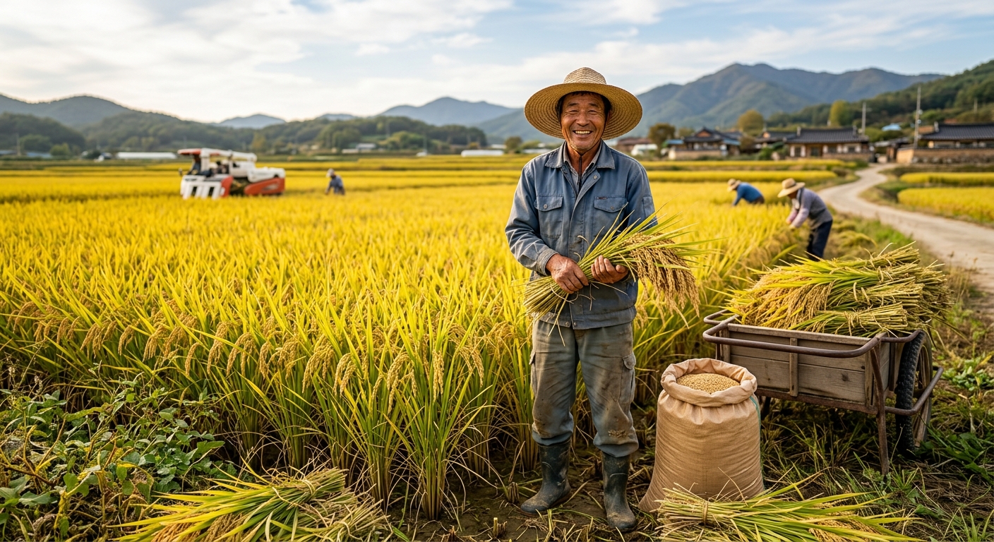 논에서 수확한 벼와 농민의 작업 장면