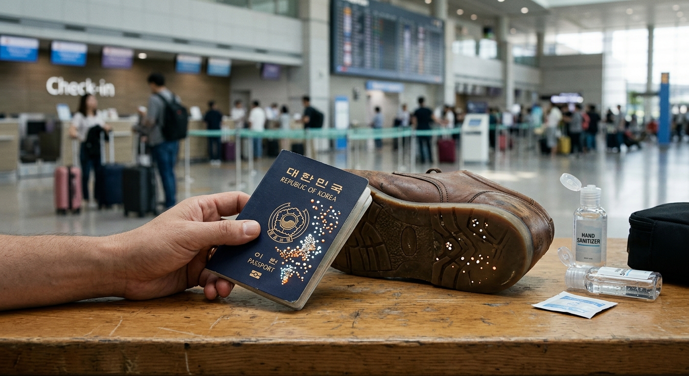 테이블 위 여권과 바닥의 신발이 함께 보이는 여행 위생 개념 이미지