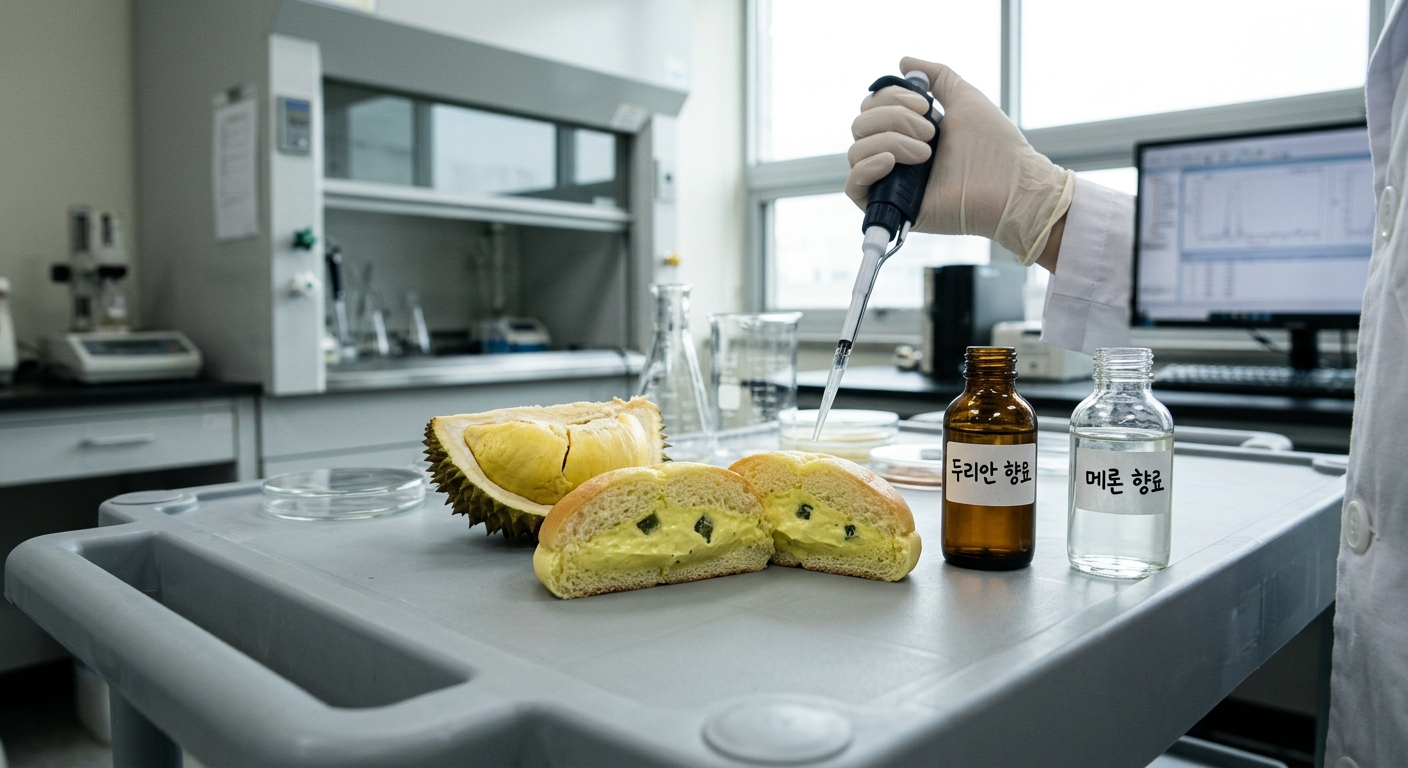 메론과 두리안을 대비해 보여주며 향료 혼선 문제를 설명하는 이미지