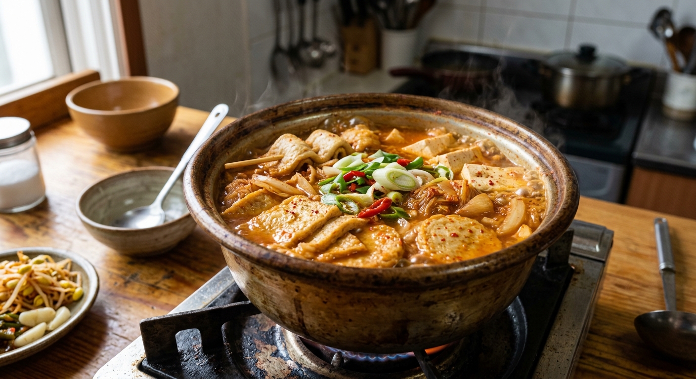 어묵과 김치가 조화롭게 어우러진 깔끔한 스타일의 김치찌개