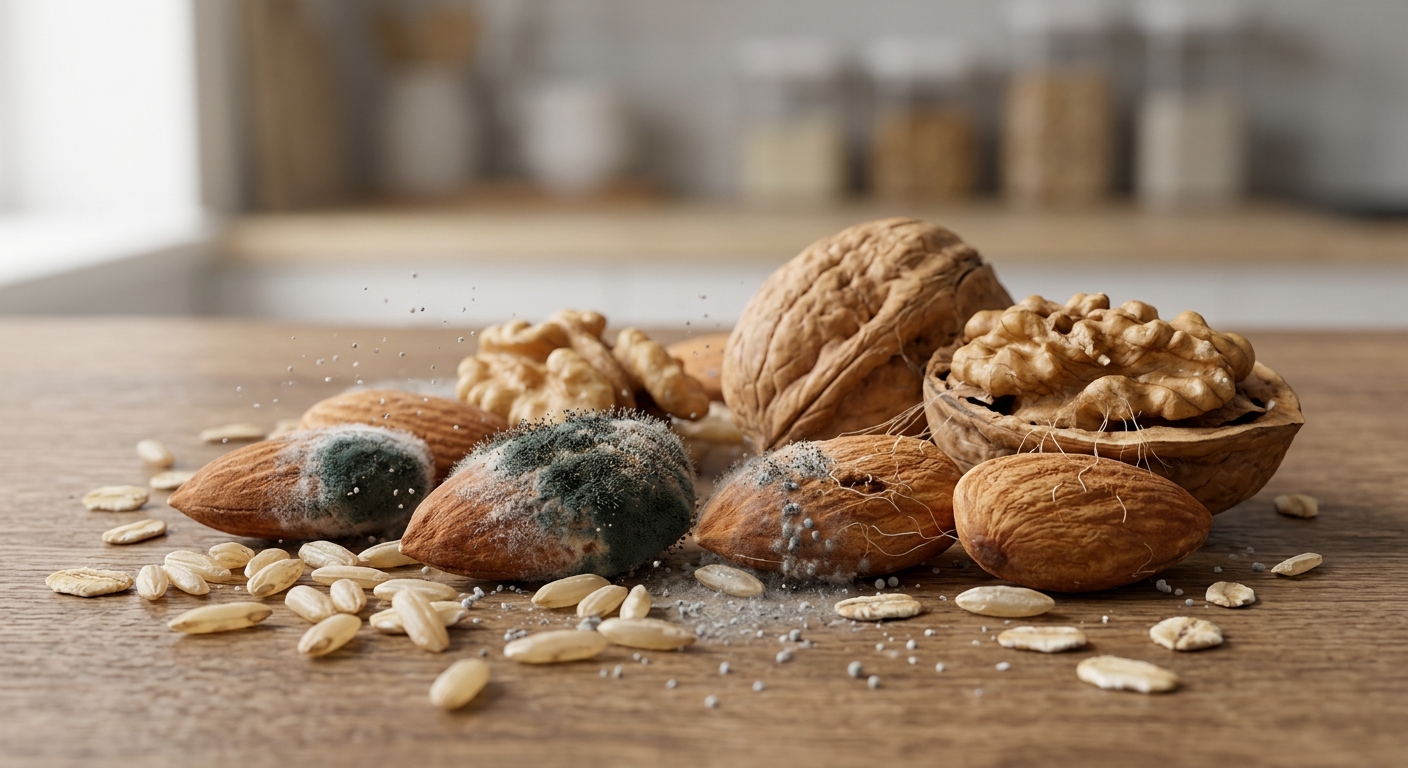 곰팡이가 핀 견과류와 곡물을 가까이서 본 사진