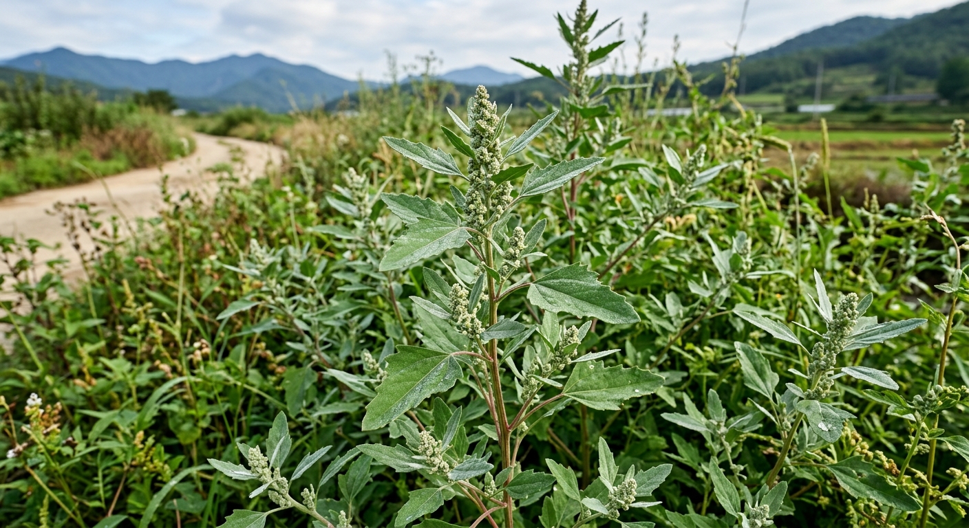 영양이 풍부한 어린 명아주 잎의 근접 사진