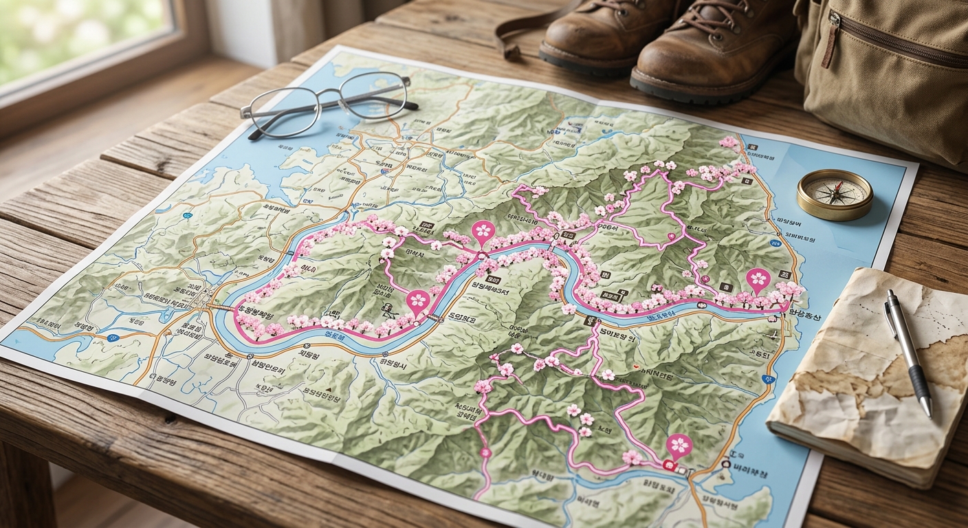 지도 화면에서 벚꽃 아이콘과 구간 표시를 확인하는 여행 계획 장면