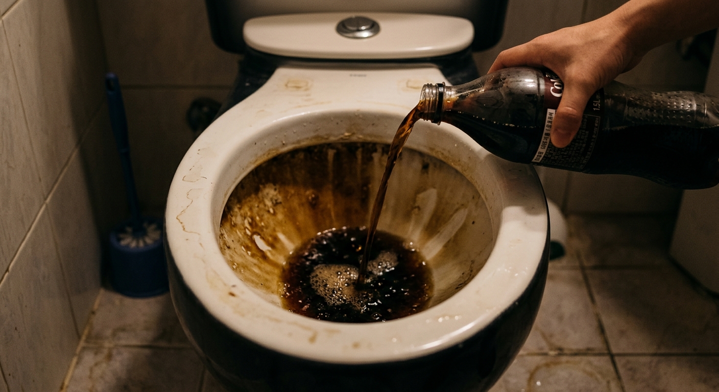 밤에 변기 테두리를 따라 콜라를 붓는 장면과 장시간 방치 청소 이미지