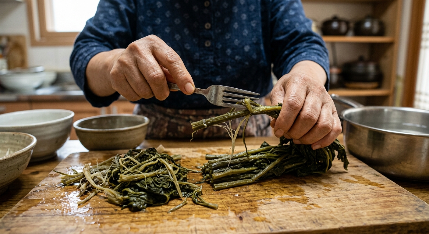 삶은 시래기 줄기를 포크로 부드럽게 긁어 손질하는 장면
