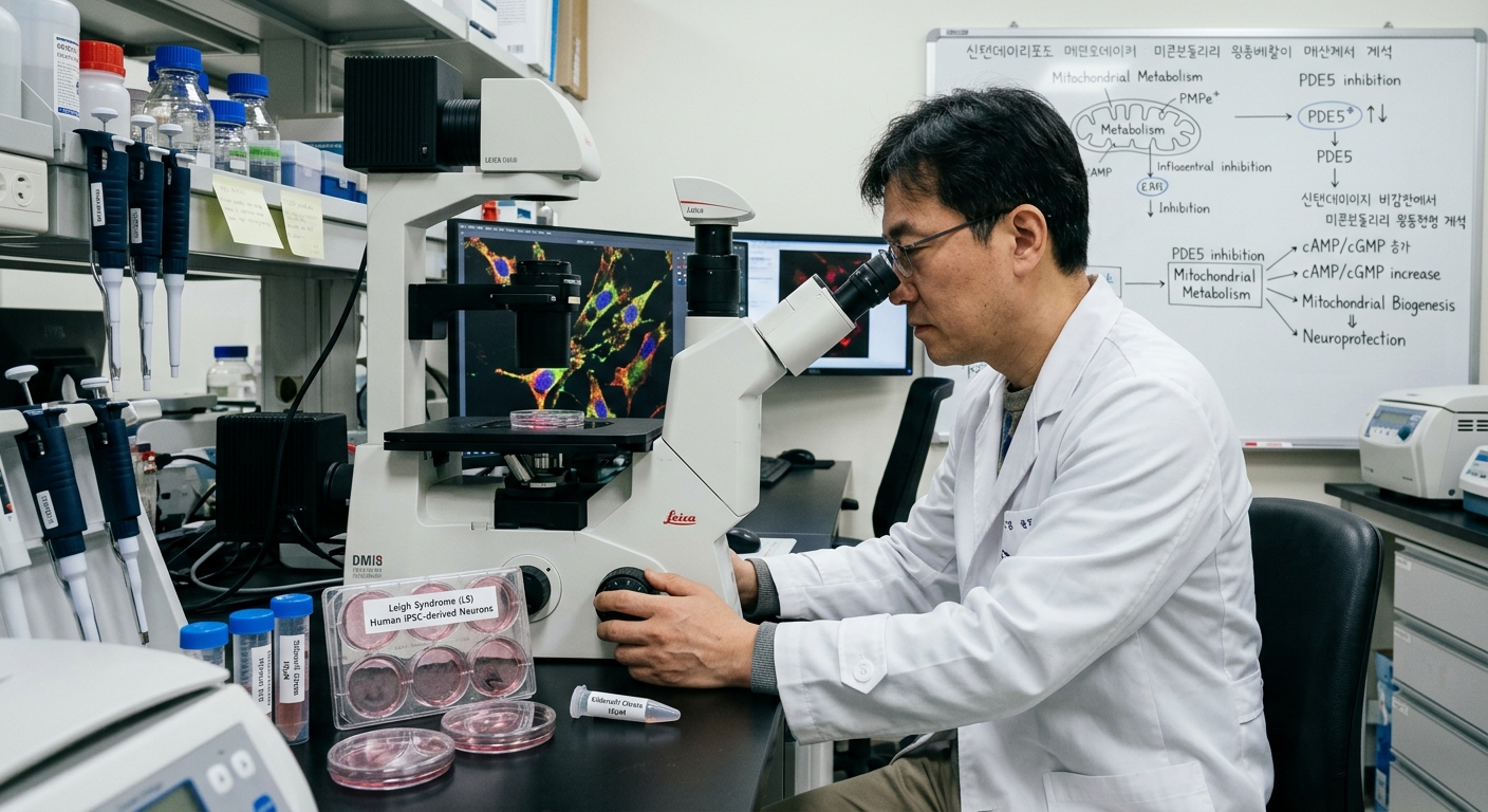 실데나필 약물과 연구 자료가 함께 놓인 약물 재창출 개념의 실사 이미지