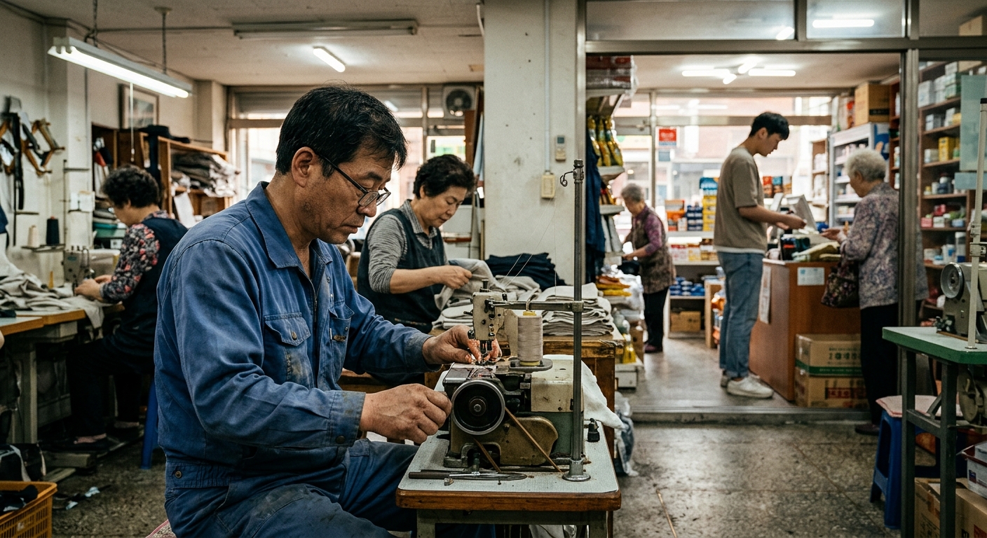 소규모 매장과 작업장에서 일하는 다양한 직군의 노동자들 모습