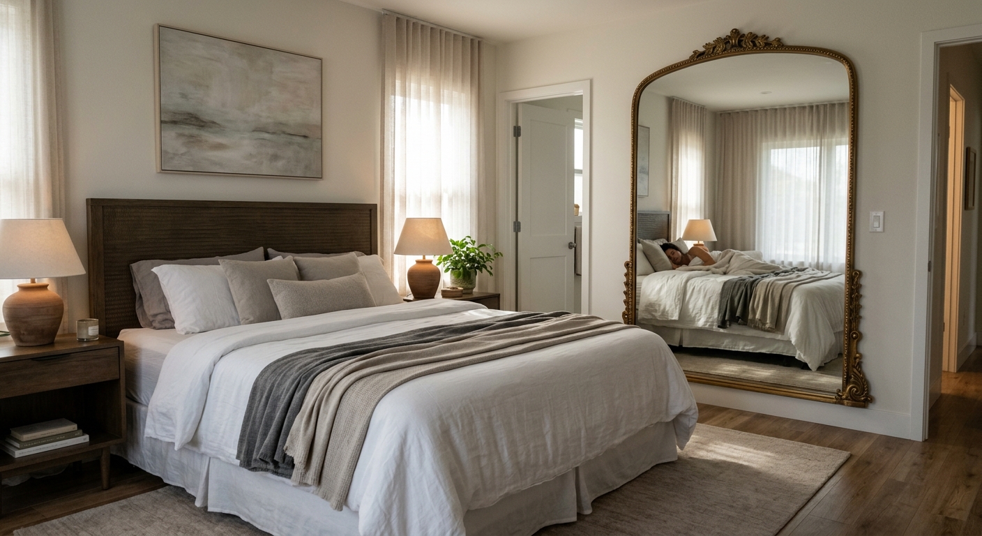 침대 정면 거울을 피하고 차분하게 정돈된 침실 공간