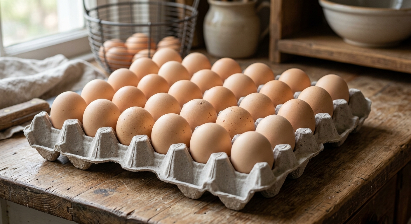 5줄 6줄로 정렬된 30개 계란 트레이의 상단 모습