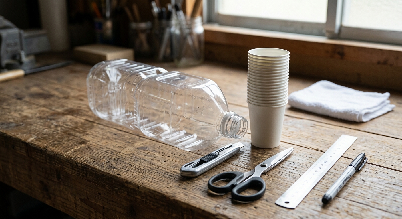 빈 페트병 옆에 가위, 커터칼, 자, 테이프, 종이컵이 정리된 준비물 사진