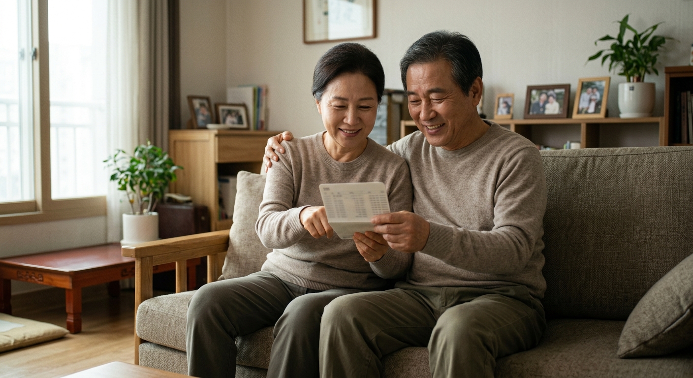통장과 계산기, 메모장을 앞에 두고 재정 계획을 세우는 중장년층