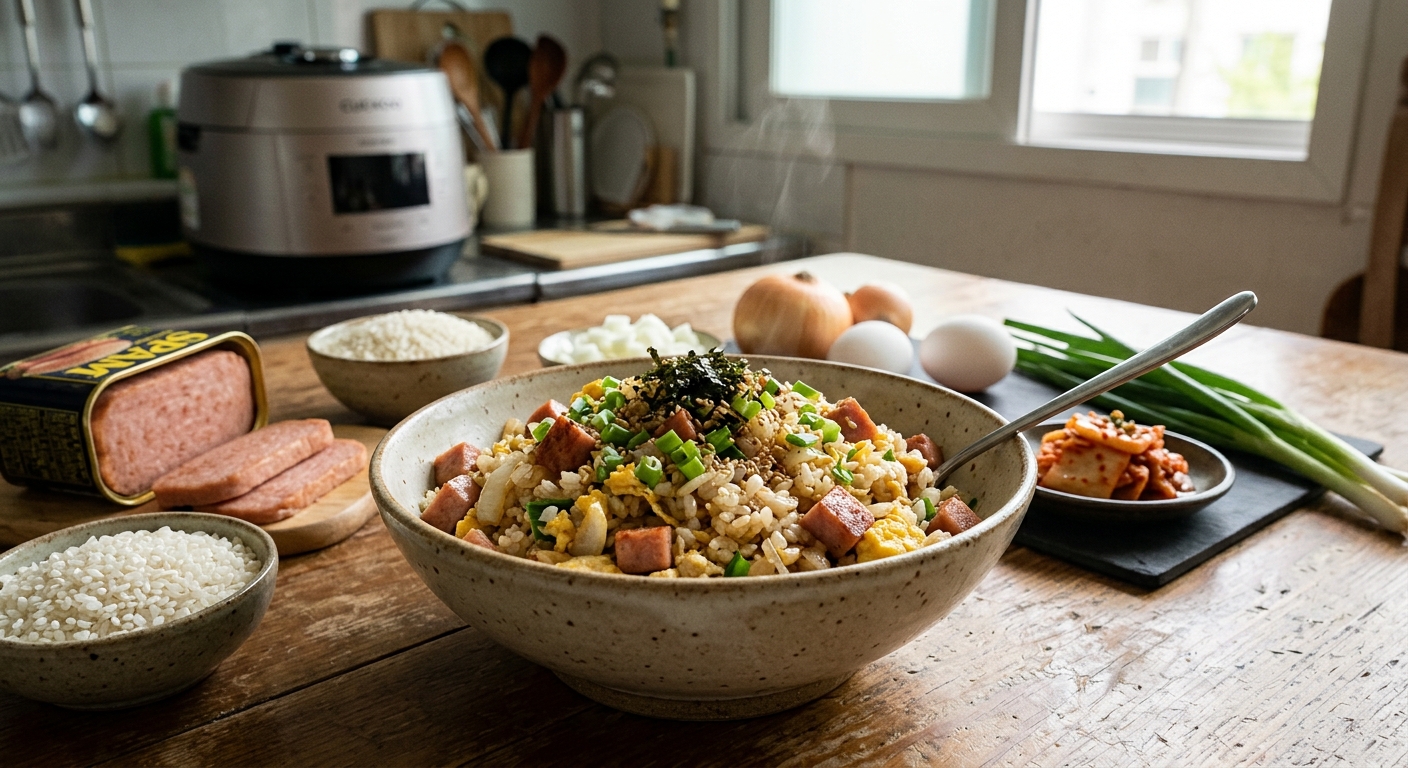 스팸과 두부, 콩나물, 쌀이 가지런히 놓인 밥솥 요리 재료