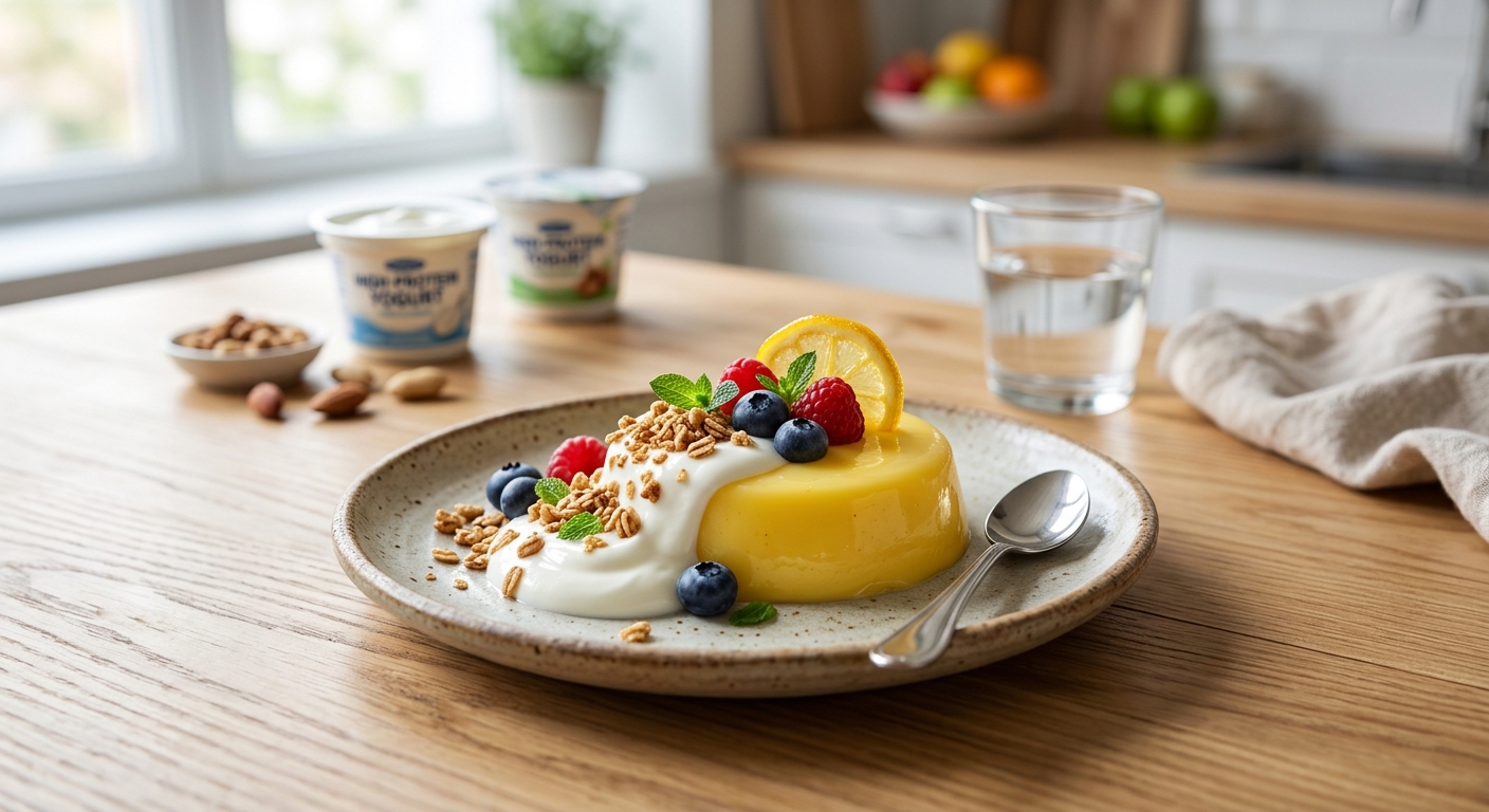 오후 간식 시간에 고단백 디저트를 먹으며 단백질을 보충하는 모습