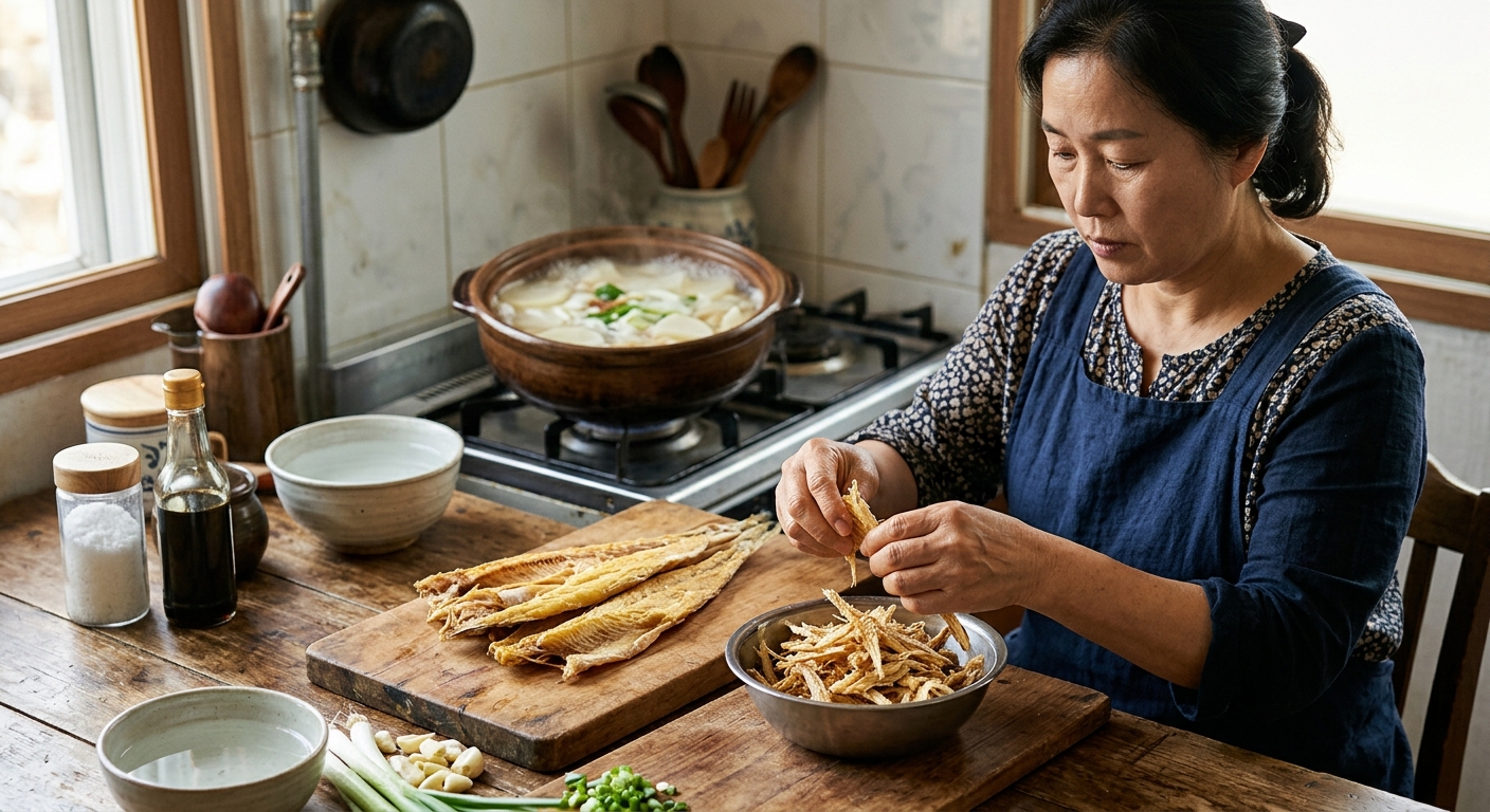 가시를 제거하며 마른 황태채를 손질하는 모습
