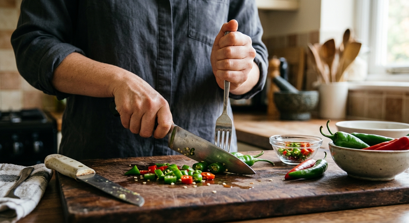 포크로 고정한 고추를 도마 위에서 안전하게 썰고 있는 장면