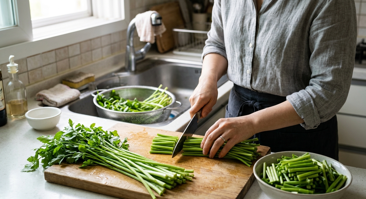 도마 위에서 먹기 좋은 길이로 자른 미나리