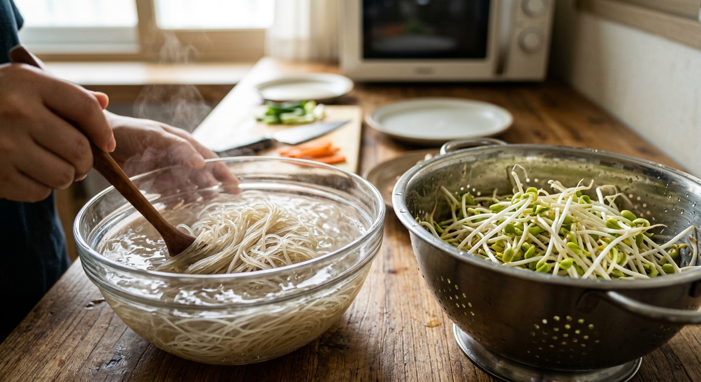물에 불린 당면 위에 깨끗하게 씻은 콩나물을 올린 모습