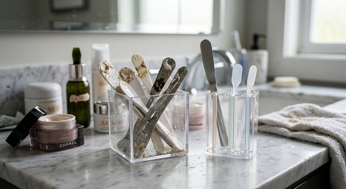 화장대 위에서 굴러다니는 작은 화장품 스파츌라와 열린 크림 통