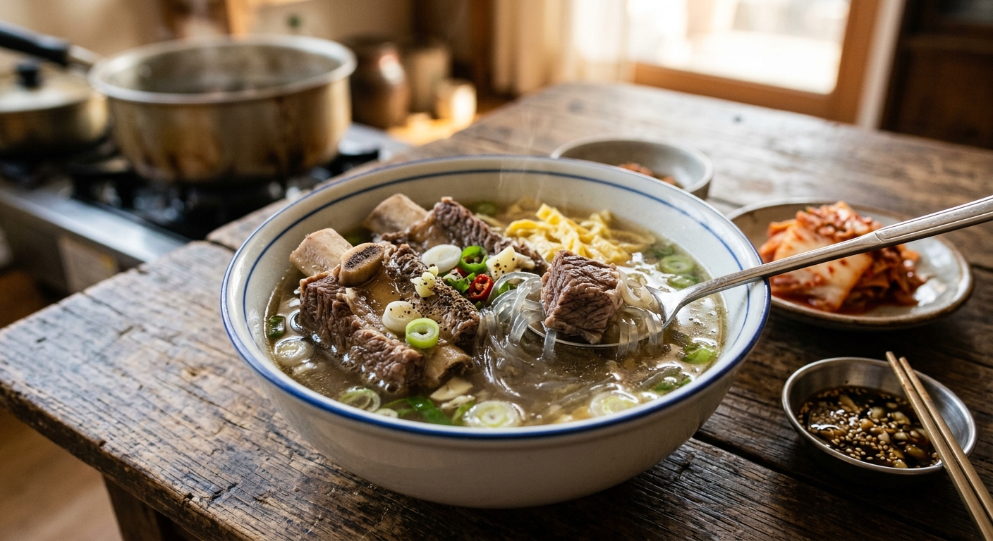 차돌박이와 당면, 대파, 마늘, 양념이 가지런히 놓인 조리 준비 장면