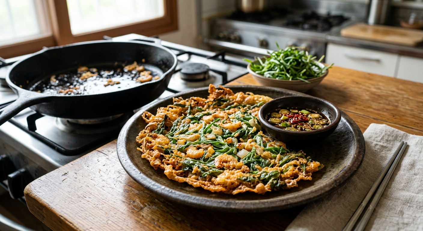 노릇하게 구워진 세발나물 부침개의 바삭한 표면 클로즈업