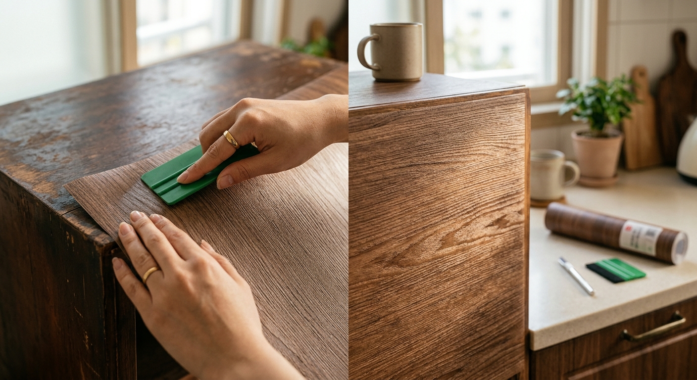 화이트와 베이지 톤의 엠보 시트지가 붙은 수납장 표면 클로즈업