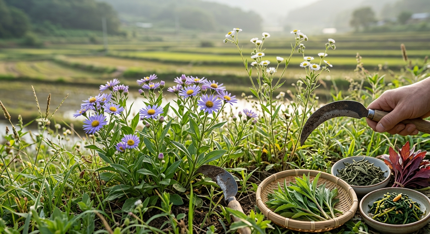 쑥부쟁이 잎과 줄기의 질감을 가까이서 확인하는 장면