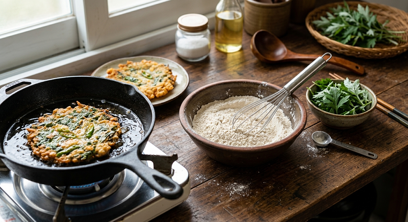 볼에 전분가루와 튀김가루를 1대1로 넣고 찬물로 반죽하는 장면