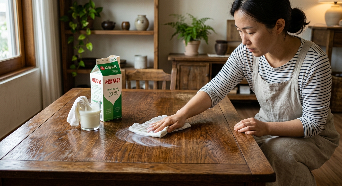 상한 우유를 활용해 원목 가구 표면을 닦는 장면