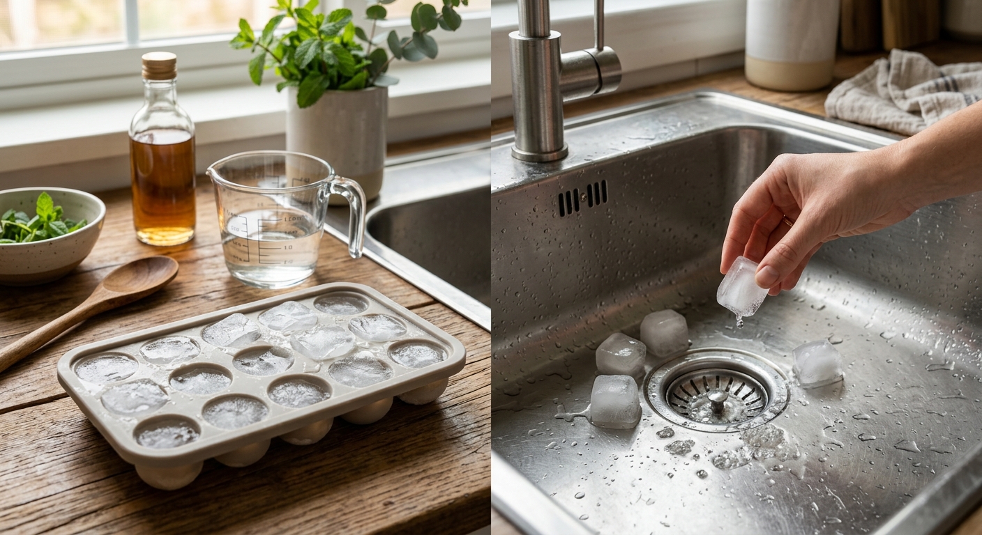 유리 계량컵의 식초 혼합물을 얼음틀에 붓는 장면