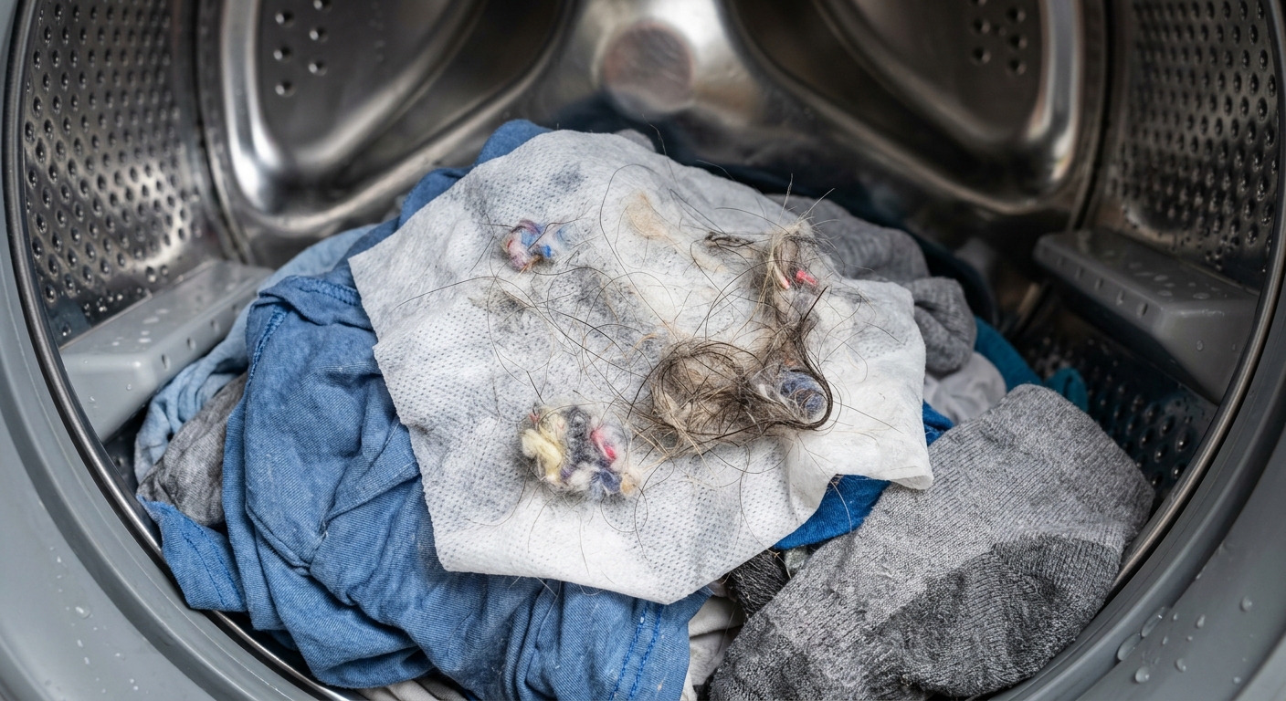 검은 옷에 붙은 보풀과 반려동물 털을 줄이는 세탁 방법을 보여주는 이미지