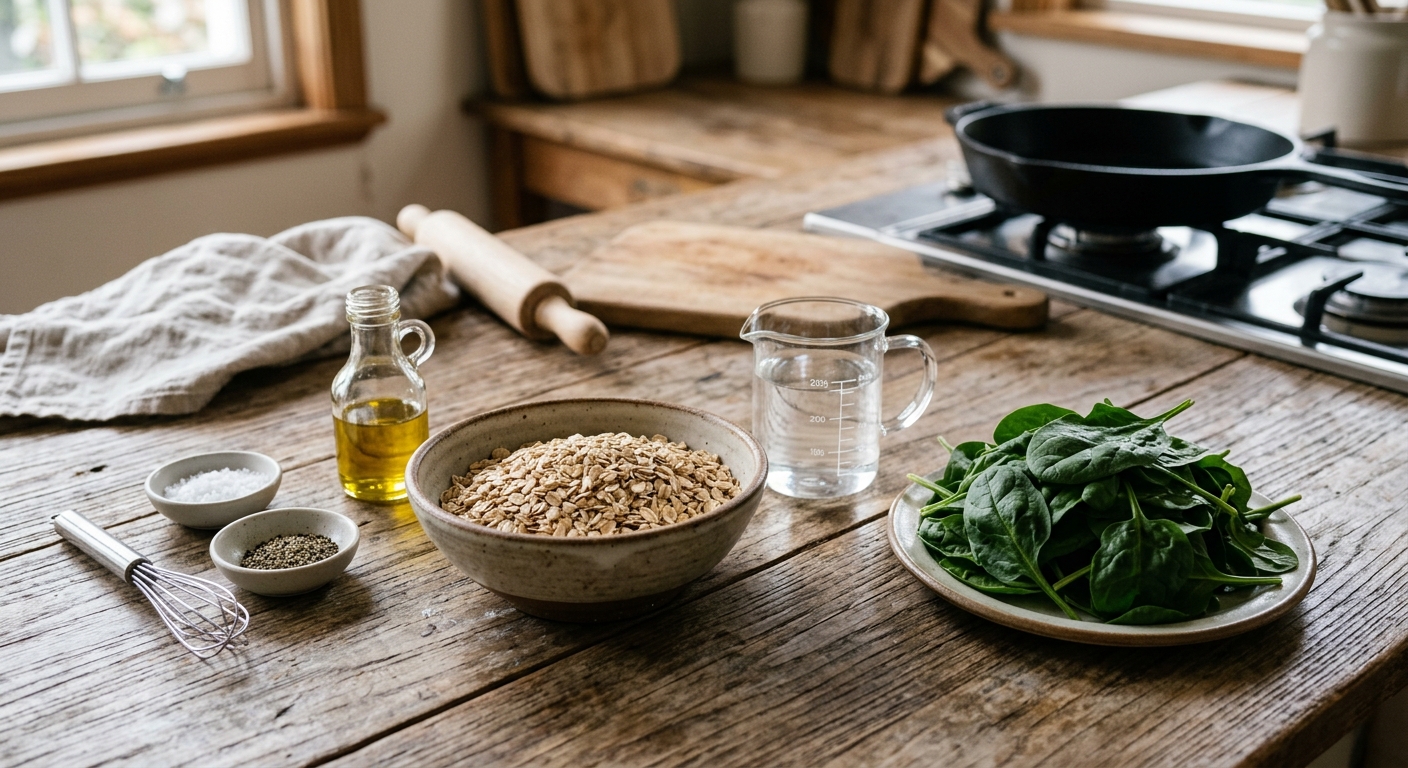 오트밀 100g과 물 200g, 시금치를 계량해 준비한 모습