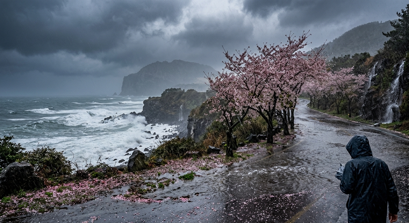 짙은 먹구름 아래 강한 비가 내릴 것으로 보이는 제주와 남해안 풍경