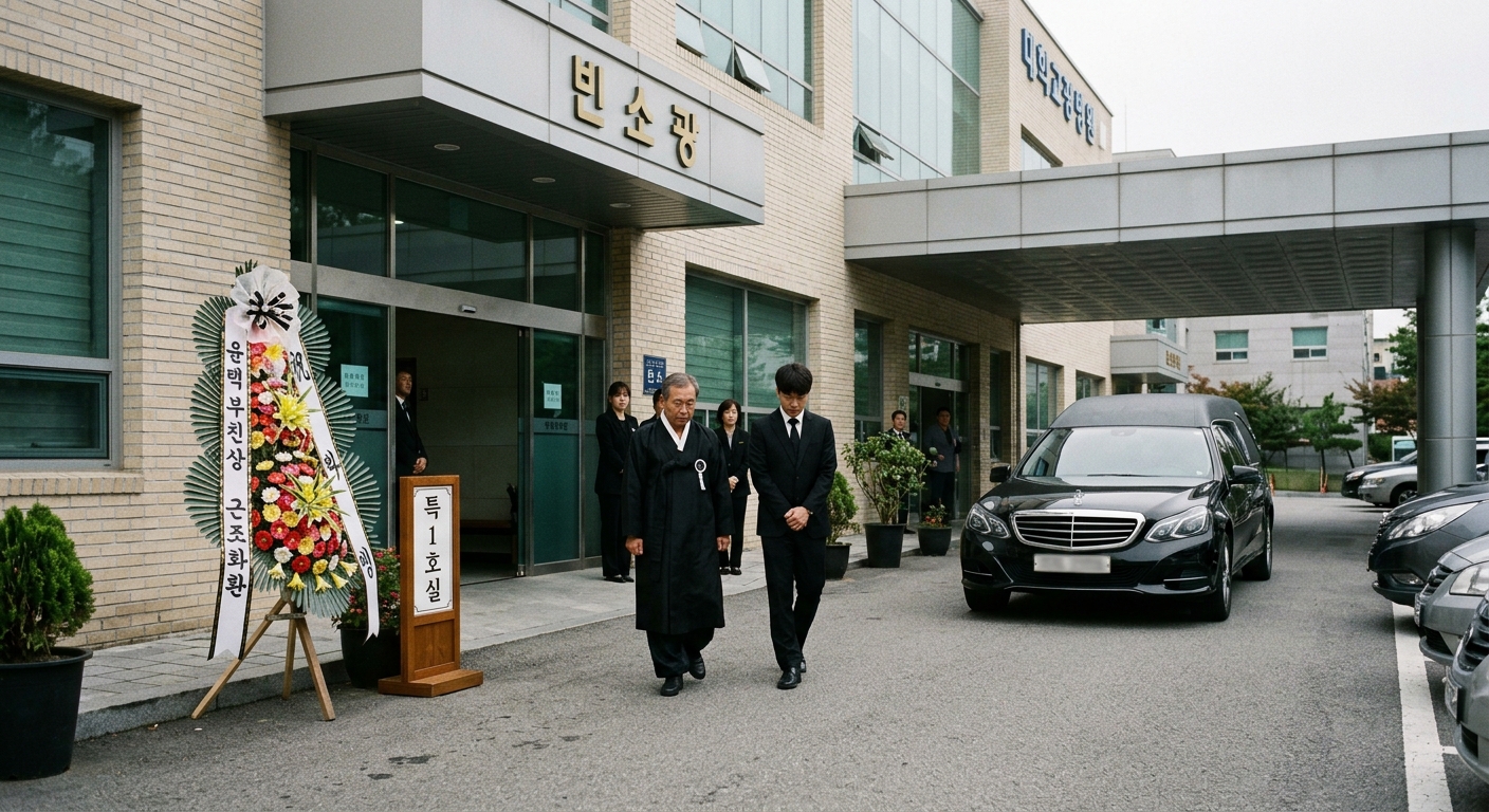 서울의 장례식장 분위기와 조문 공간을 연상시키는 정적인 이미지