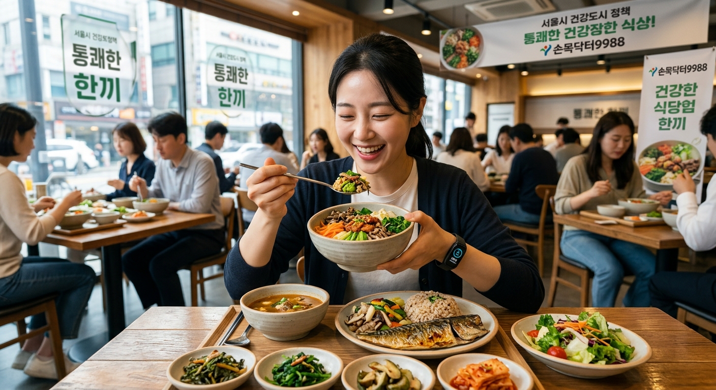 통쾌한 한끼 인증이 표시된 식당에서 잡곡밥과 반찬이 차려진 식탁