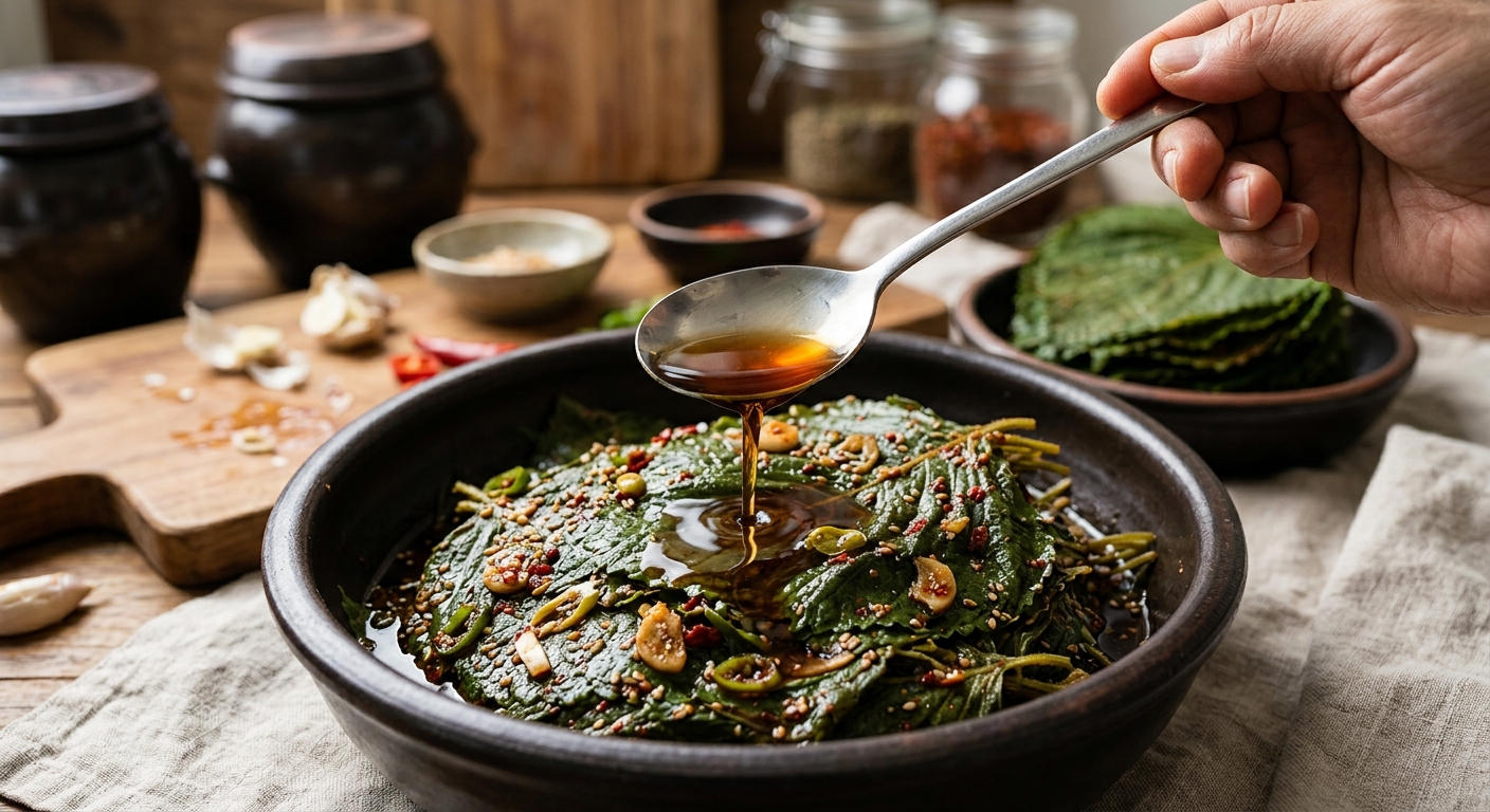 간장 양념 냄비에 멸치액젓을 붓는 깻잎지 조리 장면