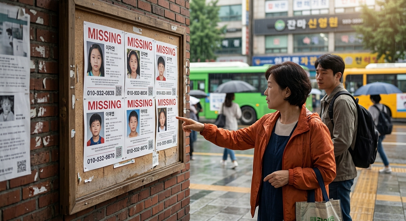 모바일 화면과 온라인 배너로 실종아동 캠페인을 접하는 장면
