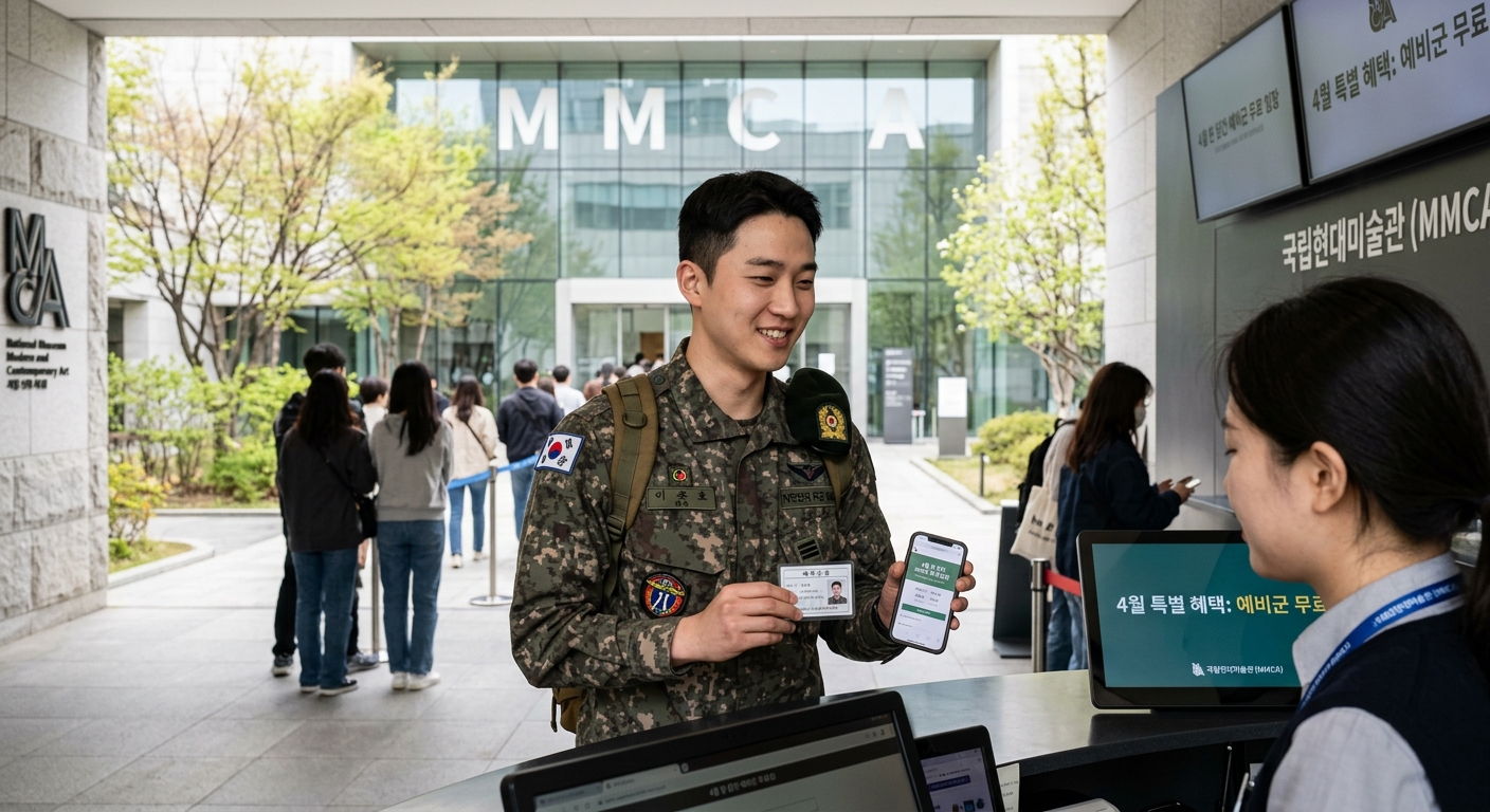 봄날 미술관과 박물관을 관람하는 예비군 방문객의 모습
