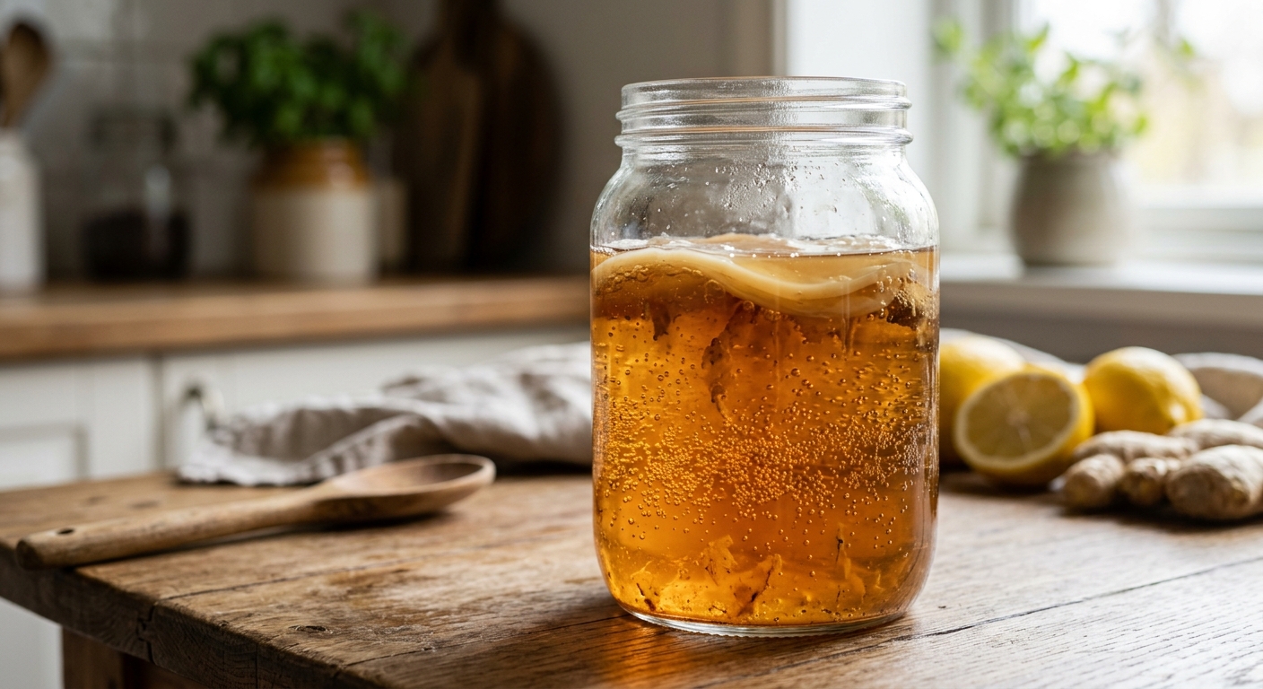 발효된 콤부차 음료와 장 건강을 연상시키는 깨끗한 유리병 이미지