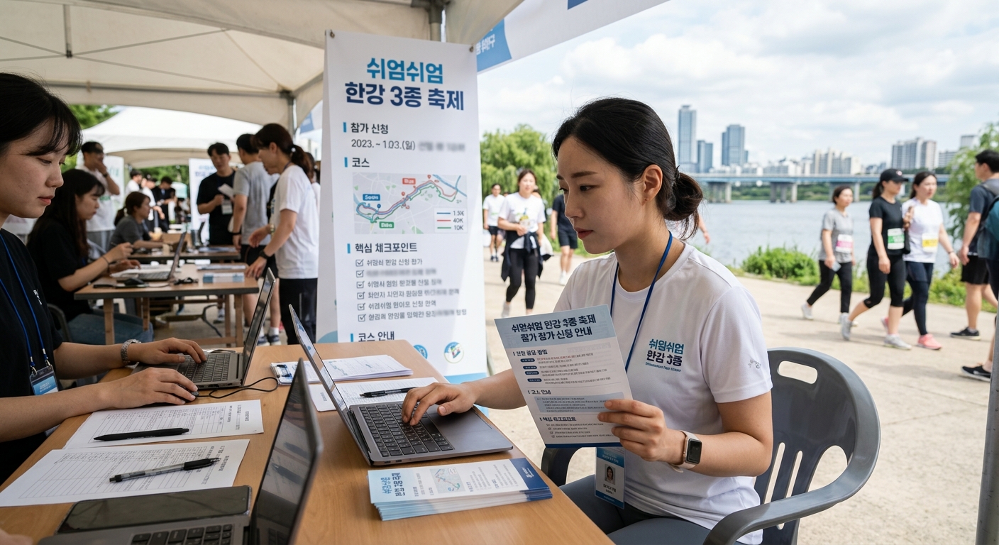 쉬엄쉬엄 한강 3종 축제 참가 신청 일정을 스마트폰으로 확인하는 장면