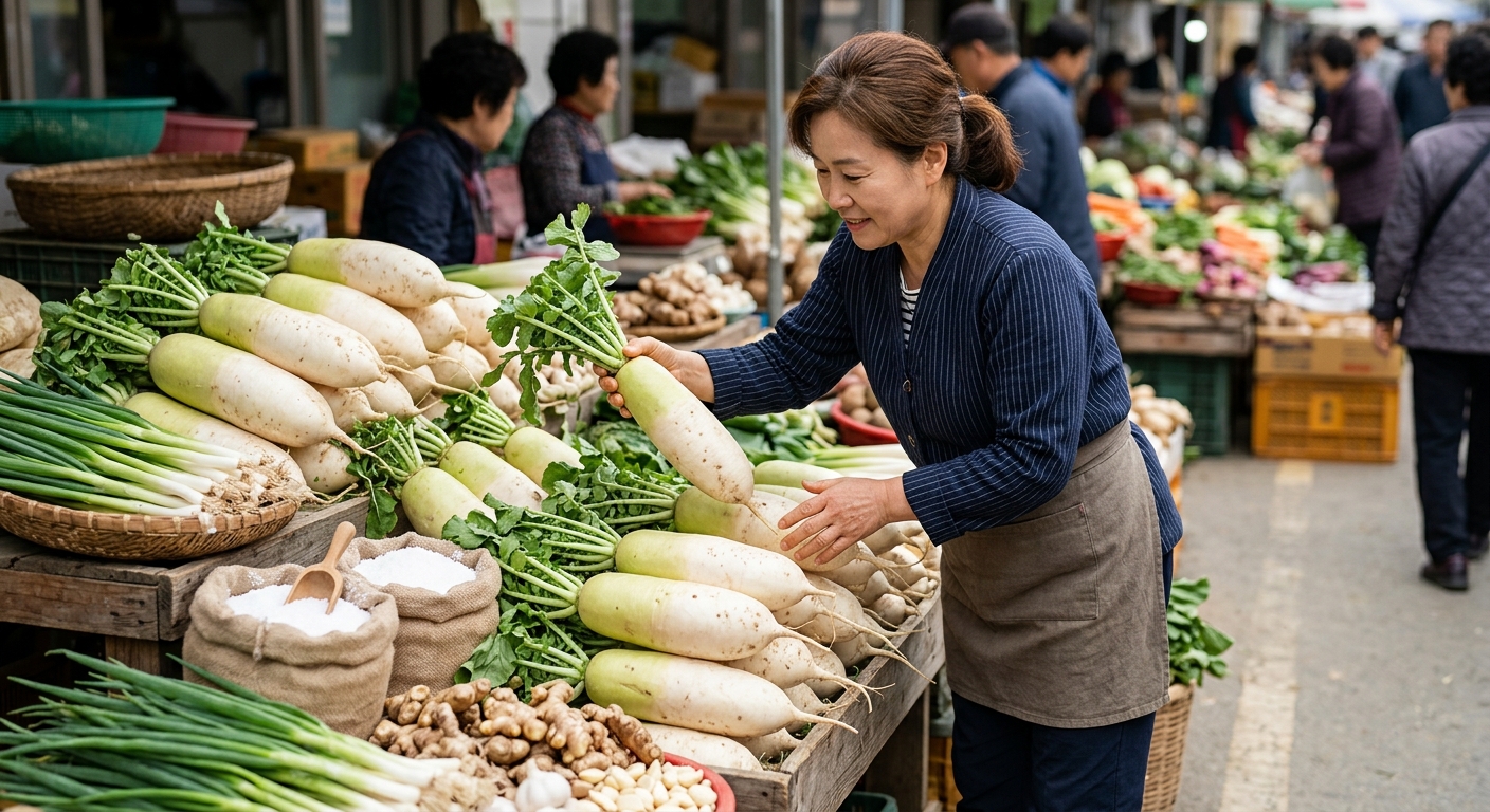 도마 위에 손질한 무와 쪽파, 다진 마늘이 놓인 장면