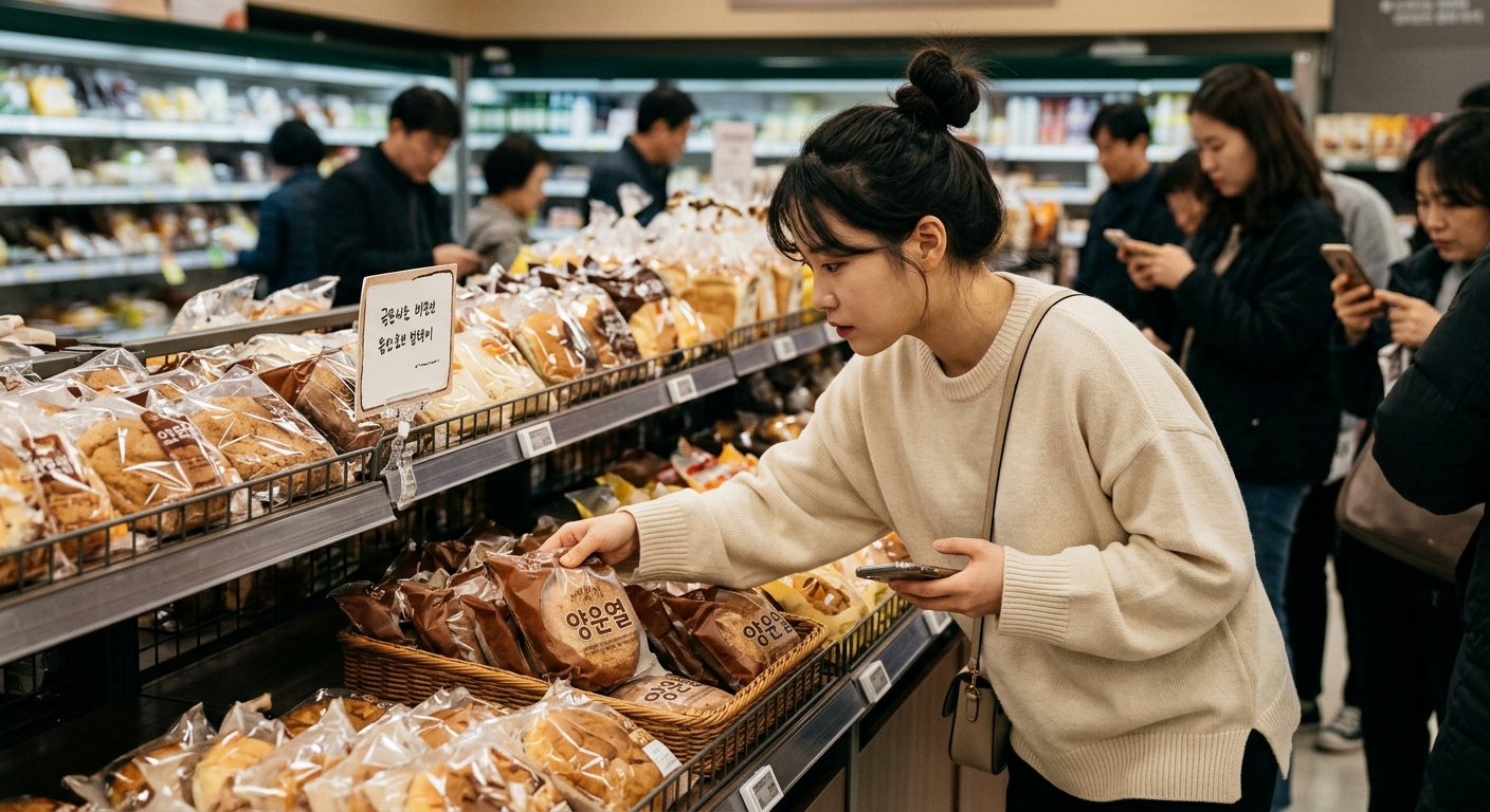 스마트폰으로 빵 인증 게시물을 확인하며 마트에서 제품을 찾는 모습