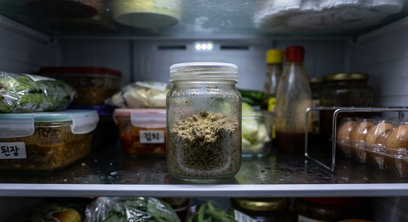 냉장고 문 쪽 선반에 놓인 개봉된 들깨가루 통