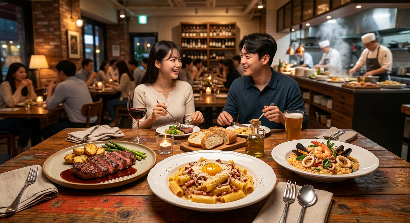 다양한 파스타 메뉴가 정갈하게 플레이팅된 강남 양식당 테이블