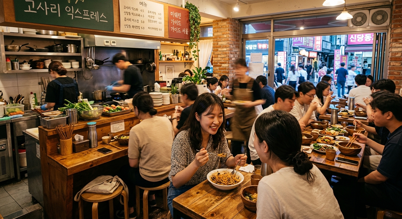 제철 채소를 고르는 손님과 고사리 파스타가 놓인 작은 팝업 레스토랑 장면